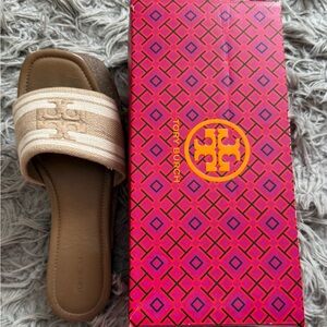 Tory Burch Cream and Tan Slide Sandals